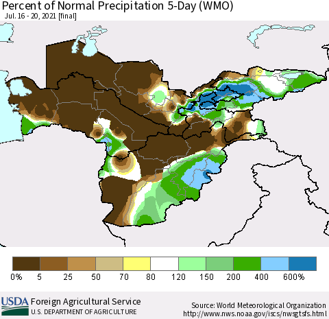 Central Asia Percent of Normal Precipitation 5-Day (WMO) Thematic Map For 7/16/2021 - 7/20/2021
