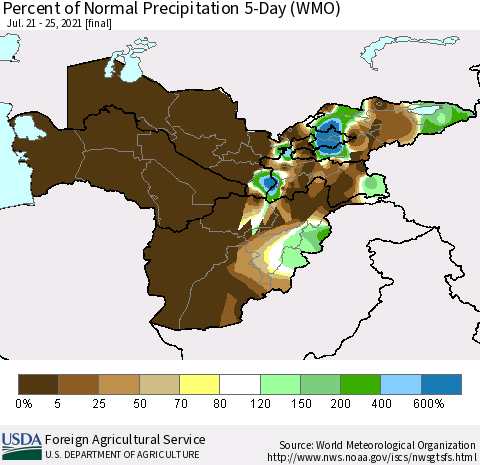 Central Asia Percent of Normal Precipitation 5-Day (WMO) Thematic Map For 7/21/2021 - 7/25/2021