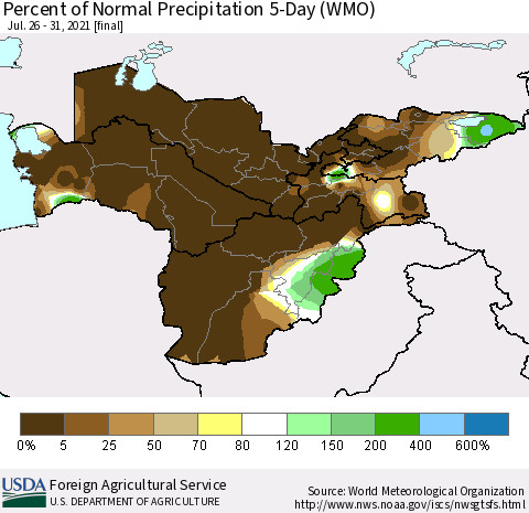 Central Asia Percent of Normal Precipitation 5-Day (WMO) Thematic Map For 7/26/2021 - 7/31/2021