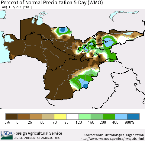 Central Asia Percent of Normal Precipitation 5-Day (WMO) Thematic Map For 8/1/2021 - 8/5/2021
