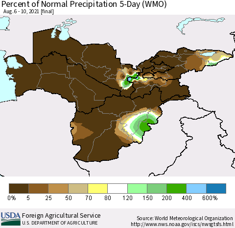 Central Asia Percent of Normal Precipitation 5-Day (WMO) Thematic Map For 8/6/2021 - 8/10/2021