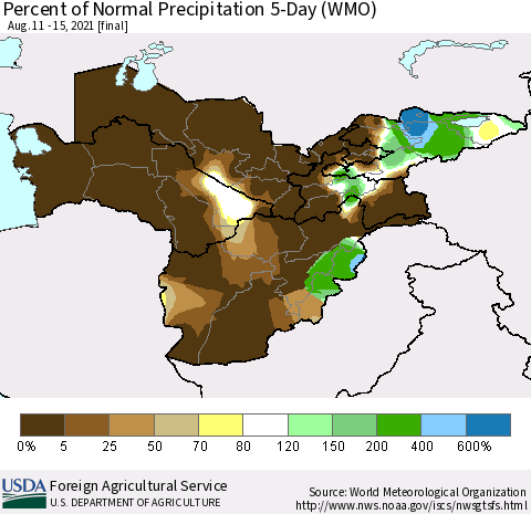 Central Asia Percent of Normal Precipitation 5-Day (WMO) Thematic Map For 8/11/2021 - 8/15/2021