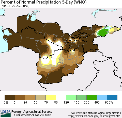 Central Asia Percent of Normal Precipitation 5-Day (WMO) Thematic Map For 8/16/2021 - 8/20/2021