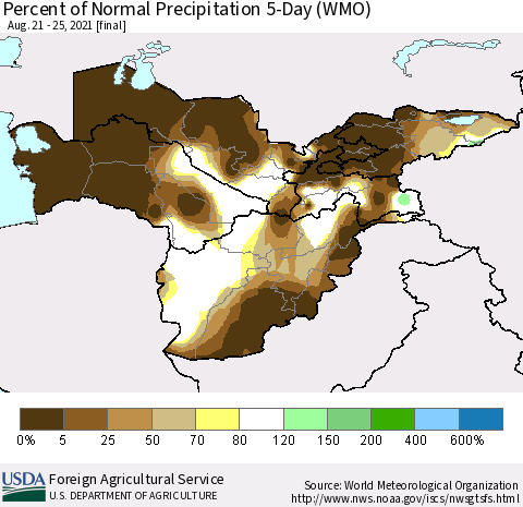 Central Asia Percent of Normal Precipitation 5-Day (WMO) Thematic Map For 8/21/2021 - 8/25/2021