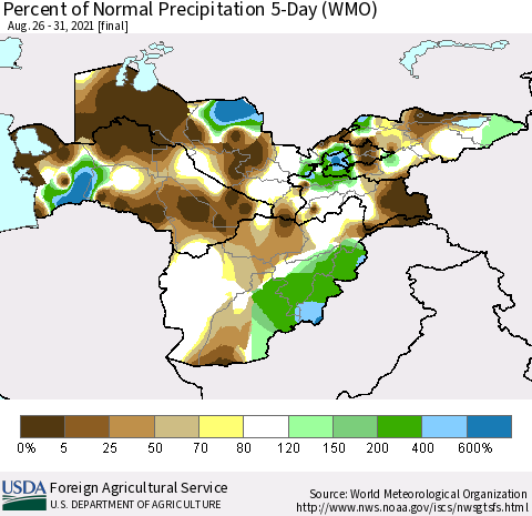 Central Asia Percent of Normal Precipitation 5-Day (WMO) Thematic Map For 8/26/2021 - 8/31/2021