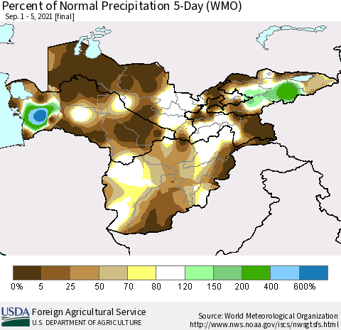 Central Asia Percent of Normal Precipitation 5-Day (WMO) Thematic Map For 9/1/2021 - 9/5/2021