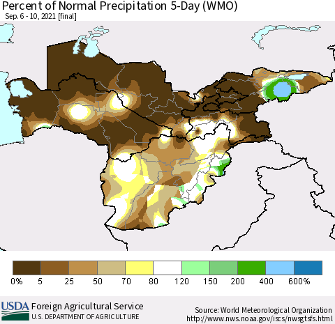 Central Asia Percent of Normal Precipitation 5-Day (WMO) Thematic Map For 9/6/2021 - 9/10/2021