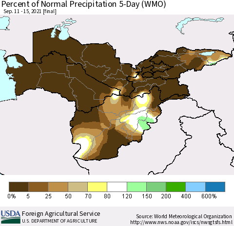 Central Asia Percent of Normal Precipitation 5-Day (WMO) Thematic Map For 9/11/2021 - 9/15/2021