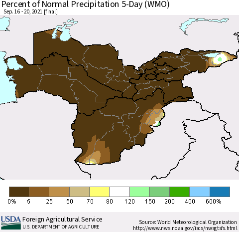 Central Asia Percent of Normal Precipitation 5-Day (WMO) Thematic Map For 9/16/2021 - 9/20/2021