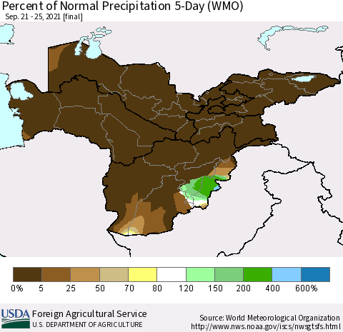 Central Asia Percent of Normal Precipitation 5-Day (WMO) Thematic Map For 9/21/2021 - 9/25/2021