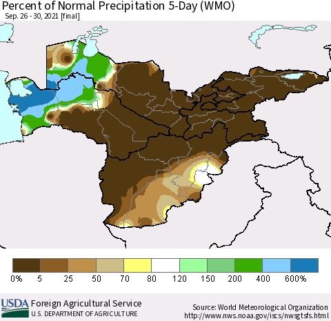 Central Asia Percent of Normal Precipitation 5-Day (WMO) Thematic Map For 9/26/2021 - 9/30/2021
