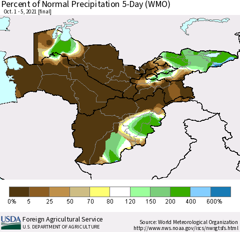 Central Asia Percent of Normal Precipitation 5-Day (WMO) Thematic Map For 10/1/2021 - 10/5/2021