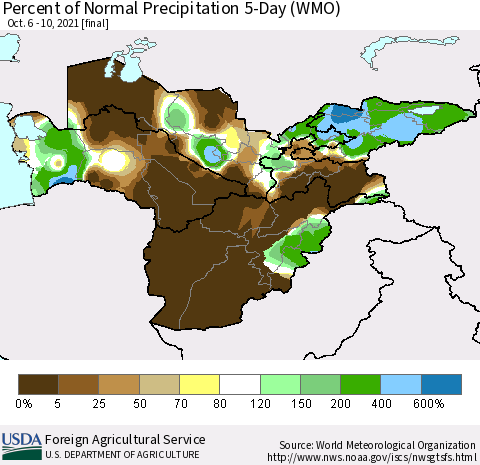 Central Asia Percent of Normal Precipitation 5-Day (WMO) Thematic Map For 10/6/2021 - 10/10/2021