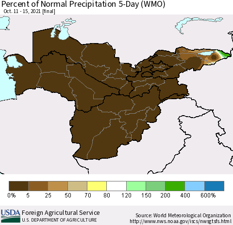 Central Asia Percent of Normal Precipitation 5-Day (WMO) Thematic Map For 10/11/2021 - 10/15/2021