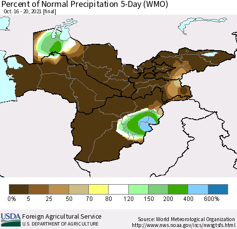 Central Asia Percent of Normal Precipitation 5-Day (WMO) Thematic Map For 10/16/2021 - 10/20/2021