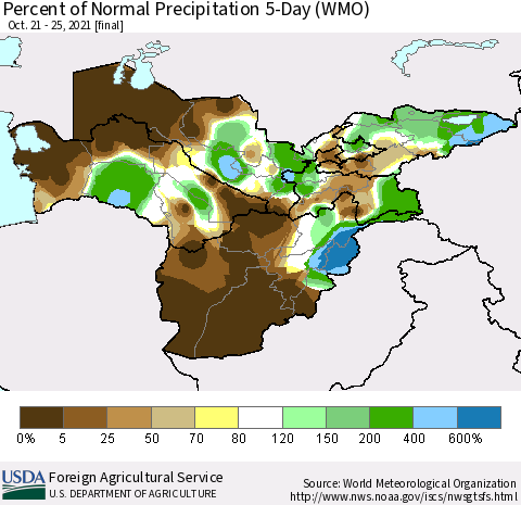 Central Asia Percent of Normal Precipitation 5-Day (WMO) Thematic Map For 10/21/2021 - 10/25/2021