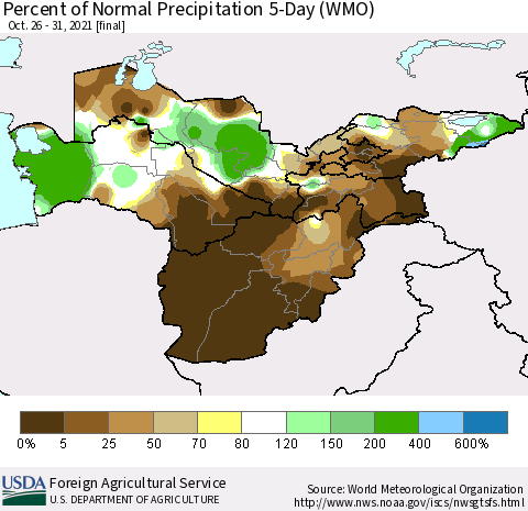 Central Asia Percent of Normal Precipitation 5-Day (WMO) Thematic Map For 10/26/2021 - 10/31/2021