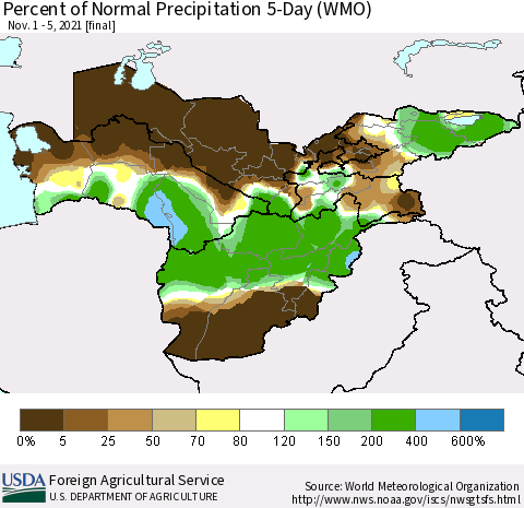 Central Asia Percent of Normal Precipitation 5-Day (WMO) Thematic Map For 11/1/2021 - 11/5/2021