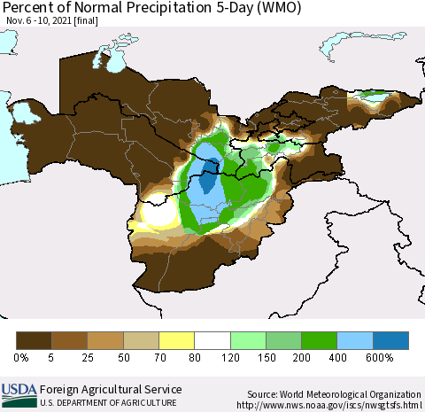 Central Asia Percent of Normal Precipitation 5-Day (WMO) Thematic Map For 11/6/2021 - 11/10/2021