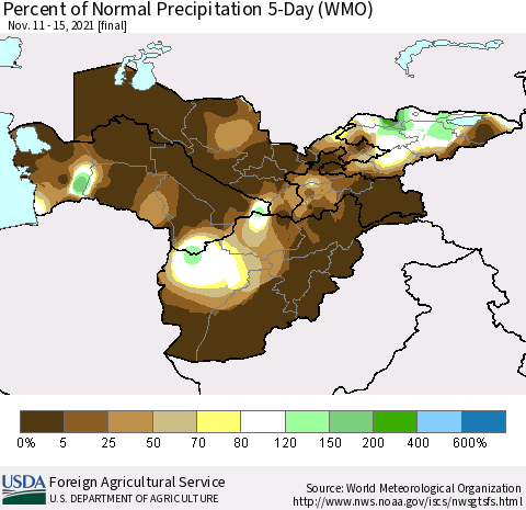 Central Asia Percent of Normal Precipitation 5-Day (WMO) Thematic Map For 11/11/2021 - 11/15/2021