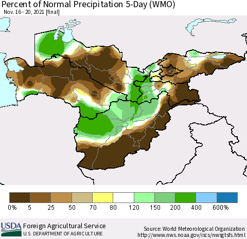 Central Asia Percent of Normal Precipitation 5-Day (WMO) Thematic Map For 11/16/2021 - 11/20/2021