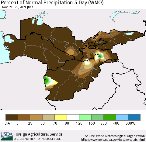 Central Asia Percent of Normal Precipitation 5-Day (WMO) Thematic Map For 11/21/2021 - 11/25/2021