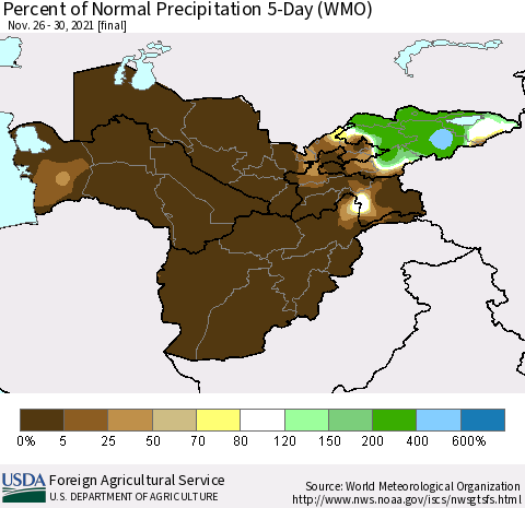 Central Asia Percent of Normal Precipitation 5-Day (WMO) Thematic Map For 11/26/2021 - 11/30/2021