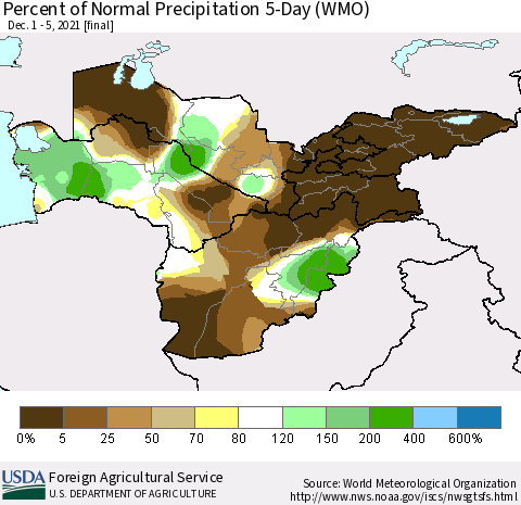Central Asia Percent of Normal Precipitation 5-Day (WMO) Thematic Map For 12/1/2021 - 12/5/2021