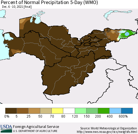 Central Asia Percent of Normal Precipitation 5-Day (WMO) Thematic Map For 12/6/2021 - 12/10/2021
