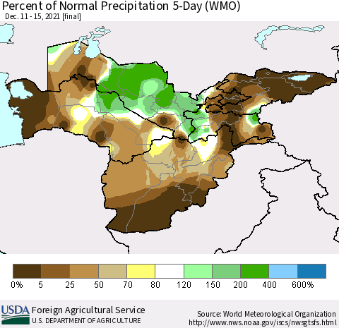 Central Asia Percent of Normal Precipitation 5-Day (WMO) Thematic Map For 12/11/2021 - 12/15/2021
