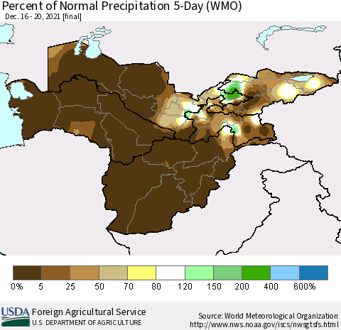 Central Asia Percent of Normal Precipitation 5-Day (WMO) Thematic Map For 12/16/2021 - 12/20/2021
