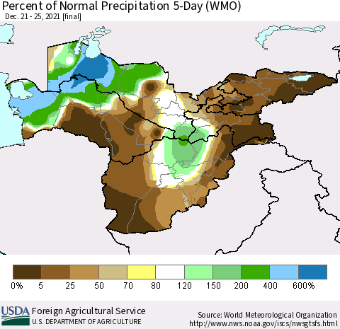 Central Asia Percent of Normal Precipitation 5-Day (WMO) Thematic Map For 12/21/2021 - 12/25/2021