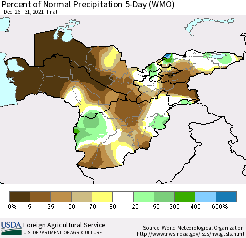 Central Asia Percent of Normal Precipitation 5-Day (WMO) Thematic Map For 12/26/2021 - 12/31/2021