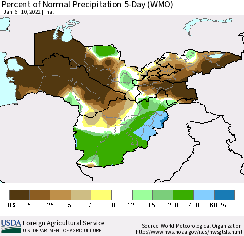 Central Asia Percent of Normal Precipitation 5-Day (WMO) Thematic Map For 1/6/2022 - 1/10/2022