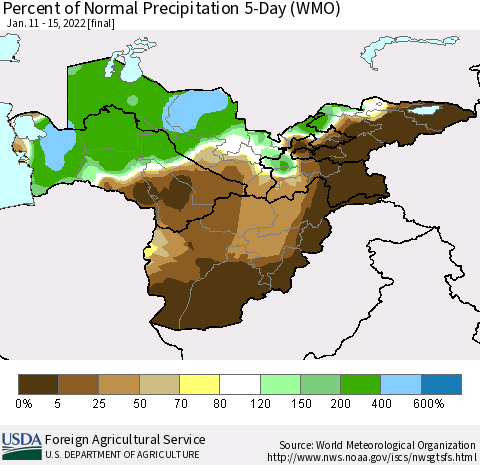 Central Asia Percent of Normal Precipitation 5-Day (WMO) Thematic Map For 1/11/2022 - 1/15/2022