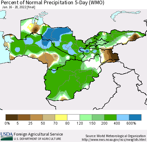 Central Asia Percent of Normal Precipitation 5-Day (WMO) Thematic Map For 1/16/2022 - 1/20/2022