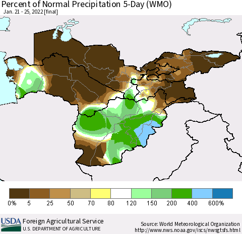 Central Asia Percent of Normal Precipitation 5-Day (WMO) Thematic Map For 1/21/2022 - 1/25/2022