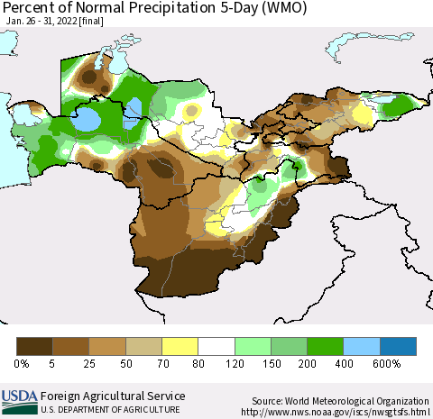 Central Asia Percent of Normal Precipitation 5-Day (WMO) Thematic Map For 1/26/2022 - 1/31/2022