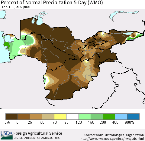 Central Asia Percent of Normal Precipitation 5-Day (WMO) Thematic Map For 2/1/2022 - 2/5/2022