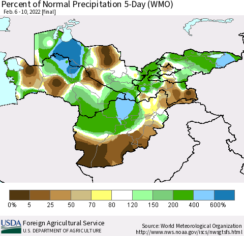 Central Asia Percent of Normal Precipitation 5-Day (WMO) Thematic Map For 2/6/2022 - 2/10/2022