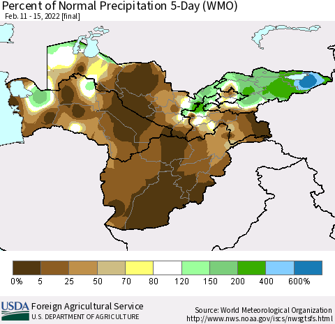 Central Asia Percent of Normal Precipitation 5-Day (WMO) Thematic Map For 2/11/2022 - 2/15/2022