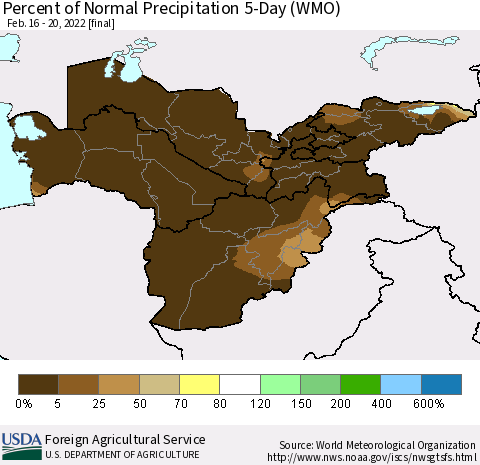 Central Asia Percent of Normal Precipitation 5-Day (WMO) Thematic Map For 2/16/2022 - 2/20/2022