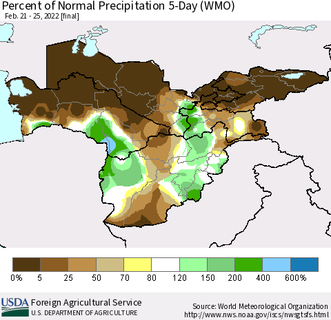 Central Asia Percent of Normal Precipitation 5-Day (WMO) Thematic Map For 2/21/2022 - 2/25/2022