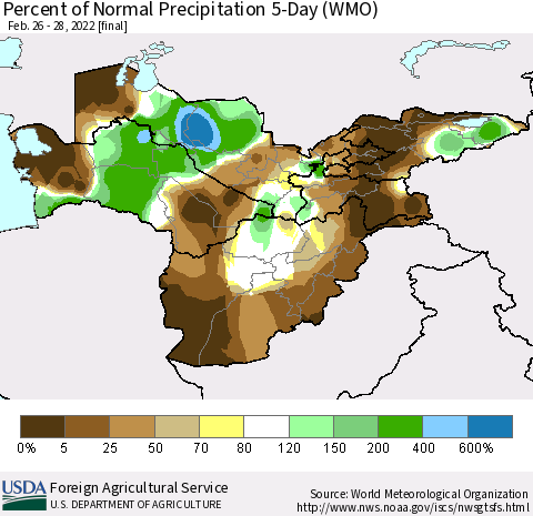 Central Asia Percent of Normal Precipitation 5-Day (WMO) Thematic Map For 2/26/2022 - 2/28/2022
