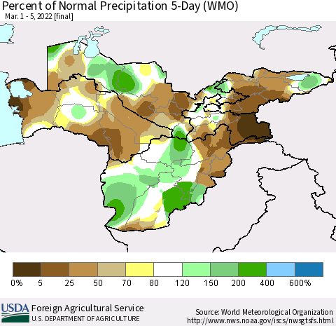 Central Asia Percent of Normal Precipitation 5-Day (WMO) Thematic Map For 3/1/2022 - 3/5/2022