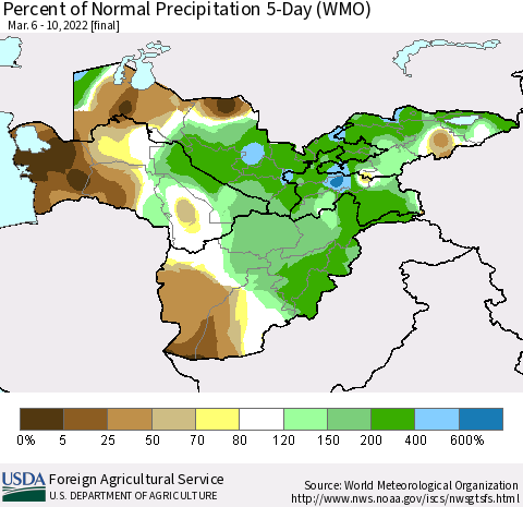 Central Asia Percent of Normal Precipitation 5-Day (WMO) Thematic Map For 3/6/2022 - 3/10/2022