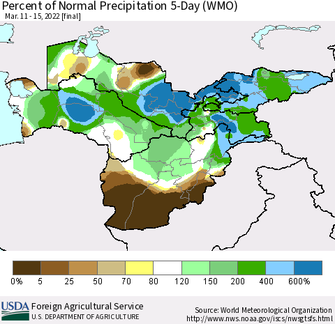 Central Asia Percent of Normal Precipitation 5-Day (WMO) Thematic Map For 3/11/2022 - 3/15/2022