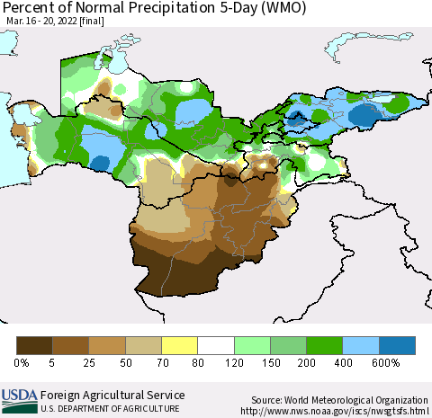 Central Asia Percent of Normal Precipitation 5-Day (WMO) Thematic Map For 3/16/2022 - 3/20/2022