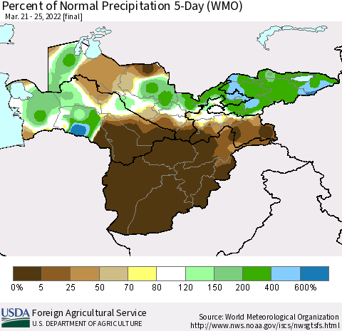 Central Asia Percent of Normal Precipitation 5-Day (WMO) Thematic Map For 3/21/2022 - 3/25/2022