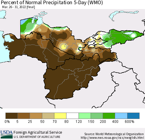 Central Asia Percent of Normal Precipitation 5-Day (WMO) Thematic Map For 3/26/2022 - 3/31/2022